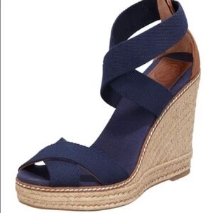 Adonis Tory Burch Navy Blue Canvas Espadrille Wedge Heels